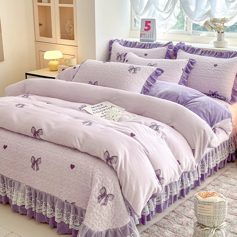 冬季加厚牛奶绒床盖四件套床上用品夹棉韩版防静电毛绒公主风床品