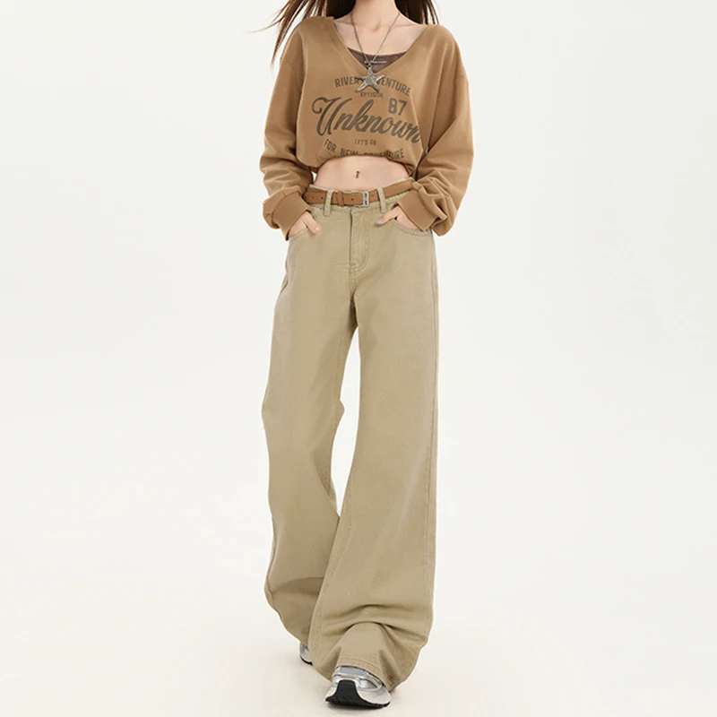 拉夏贝尔卡其色低腰牛仔裤女秋美式复古宽松显瘦不贴腿微喇马蹄裤