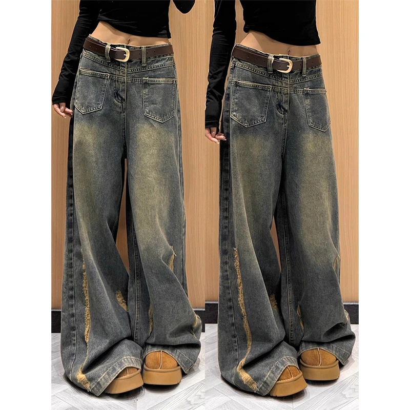 大码美式复古高腰阔腿牛仔裤女2025春季新款水洗磨破做旧拖地裤子