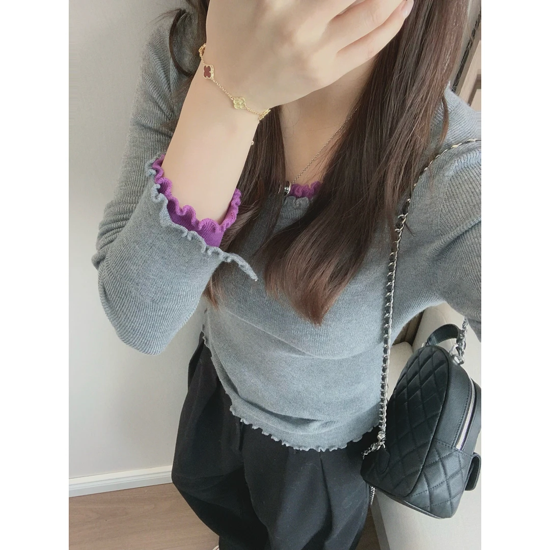 “花边打底”绵羊毛拼接设计双层领针织长袖