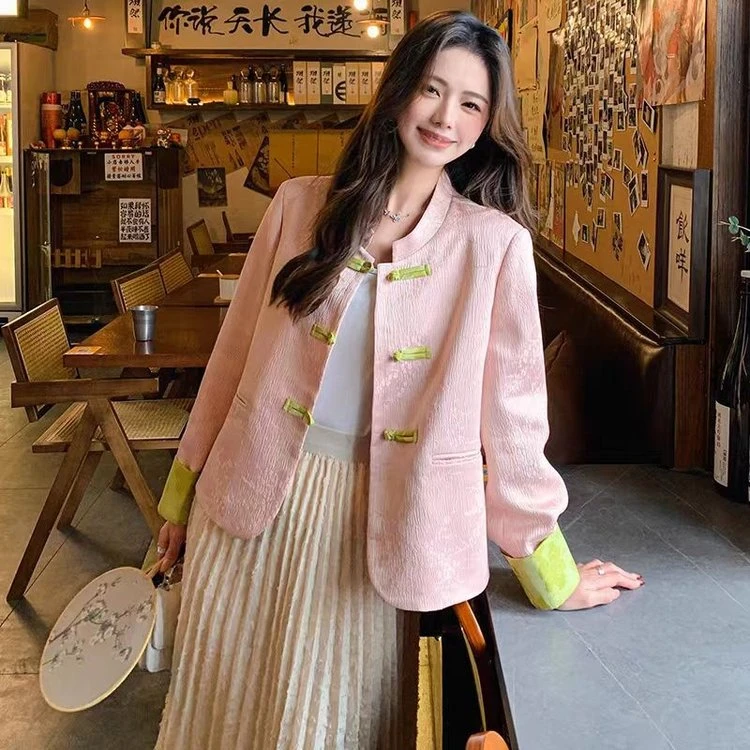 2025年春季新款国风盘扣短外套女新中式提花气质黑色小香风上衣