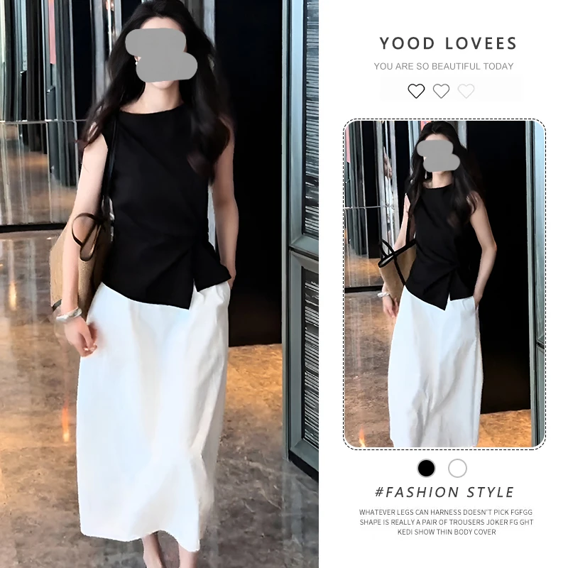 设计感不规则黑色扭结掐腰上衣女2025新款夏季极简风半身裙两件套