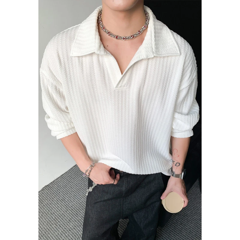 麦穗纹老钱风长袖t恤男款秋季美式痞帅翻领polo衫宽松内搭打底衫