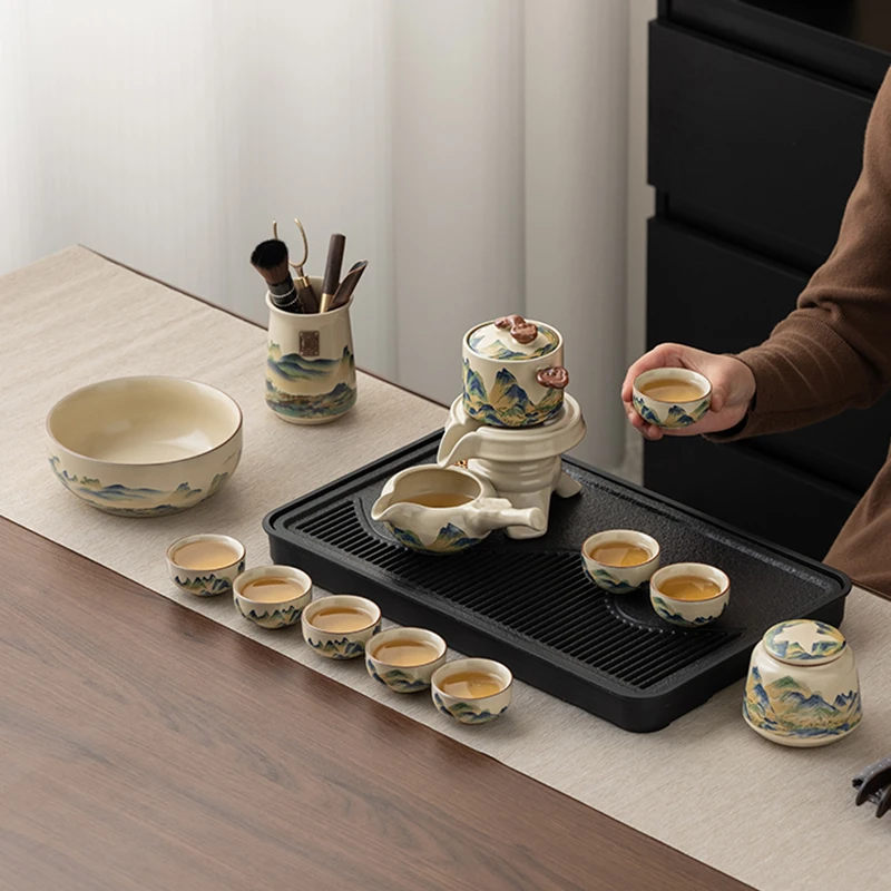 新款汝窑懒人自动茶具套装中式家用陶瓷茶壶功夫茶杯石磨泡茶神器