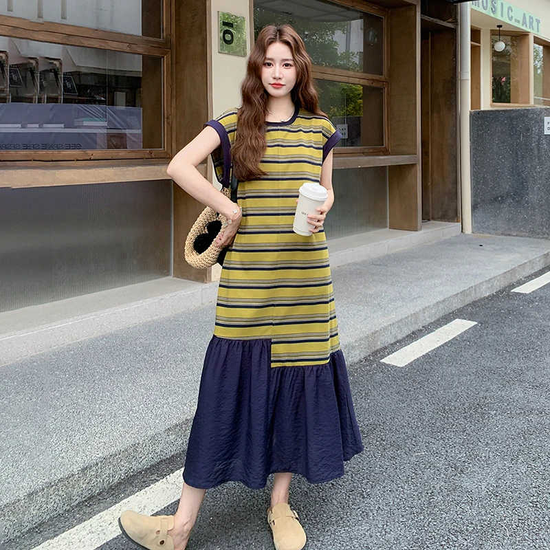 不规则假两件条纹拼接休闲T恤连衣裙女夏2025新款慵懒风遮肉显瘦
