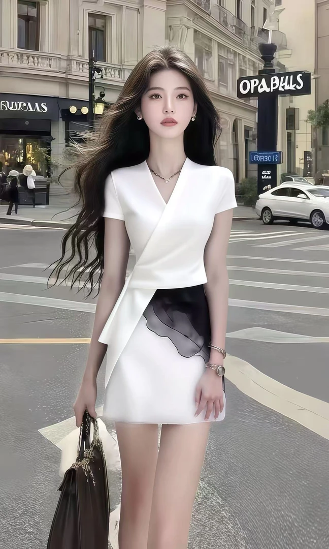新款时尚温柔纯欲风白色V领短袖不规则上衣+黑白撞色半身裙女套装