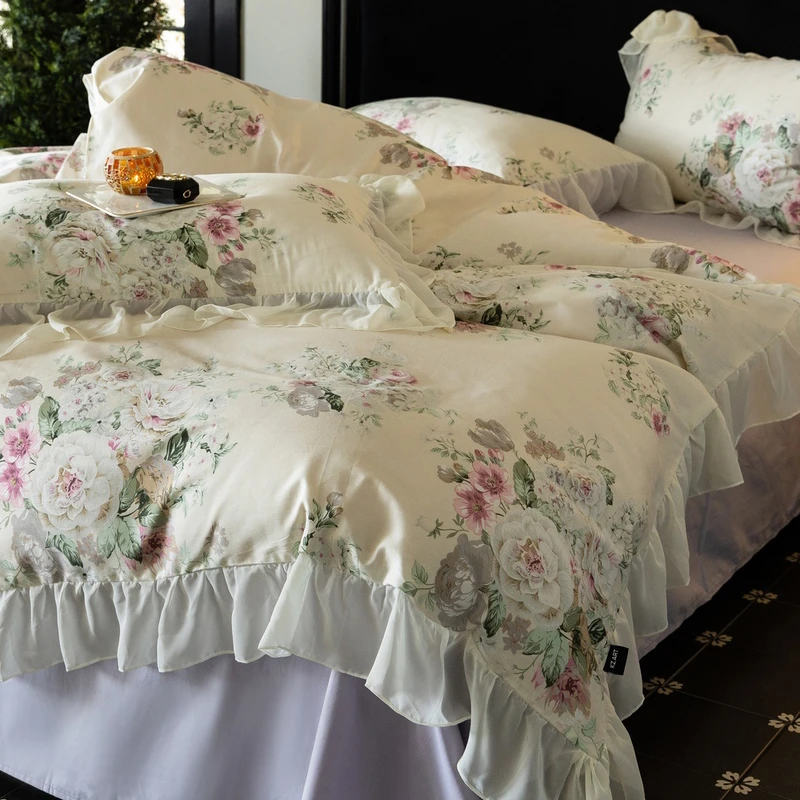 法式浪漫田园风碎花床上四件套全棉公主风雪纺花边被套超柔软床单