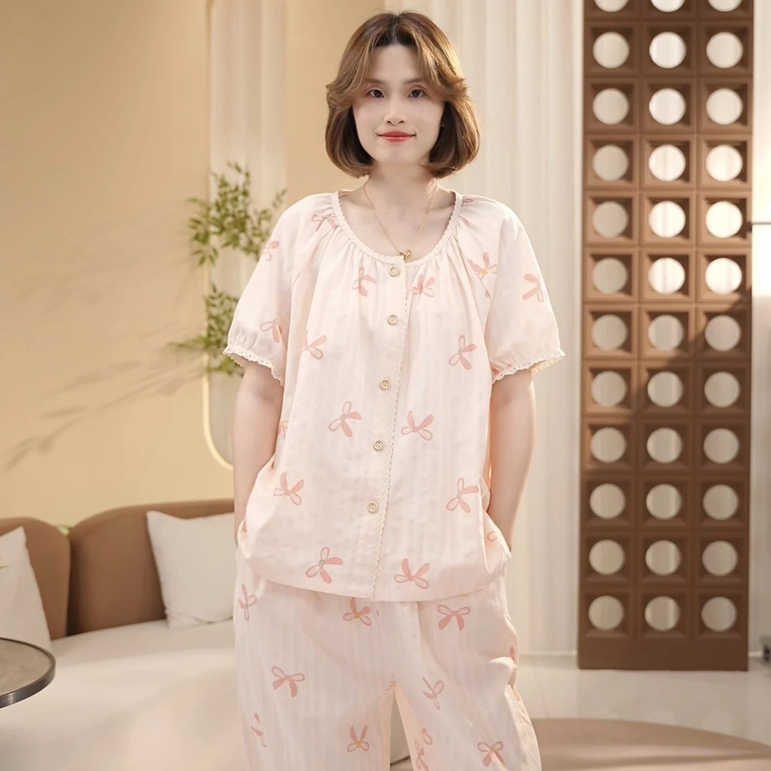 芙蓉世家【粉色蝴蝶结】新品定制款纯棉家居服套装可外穿