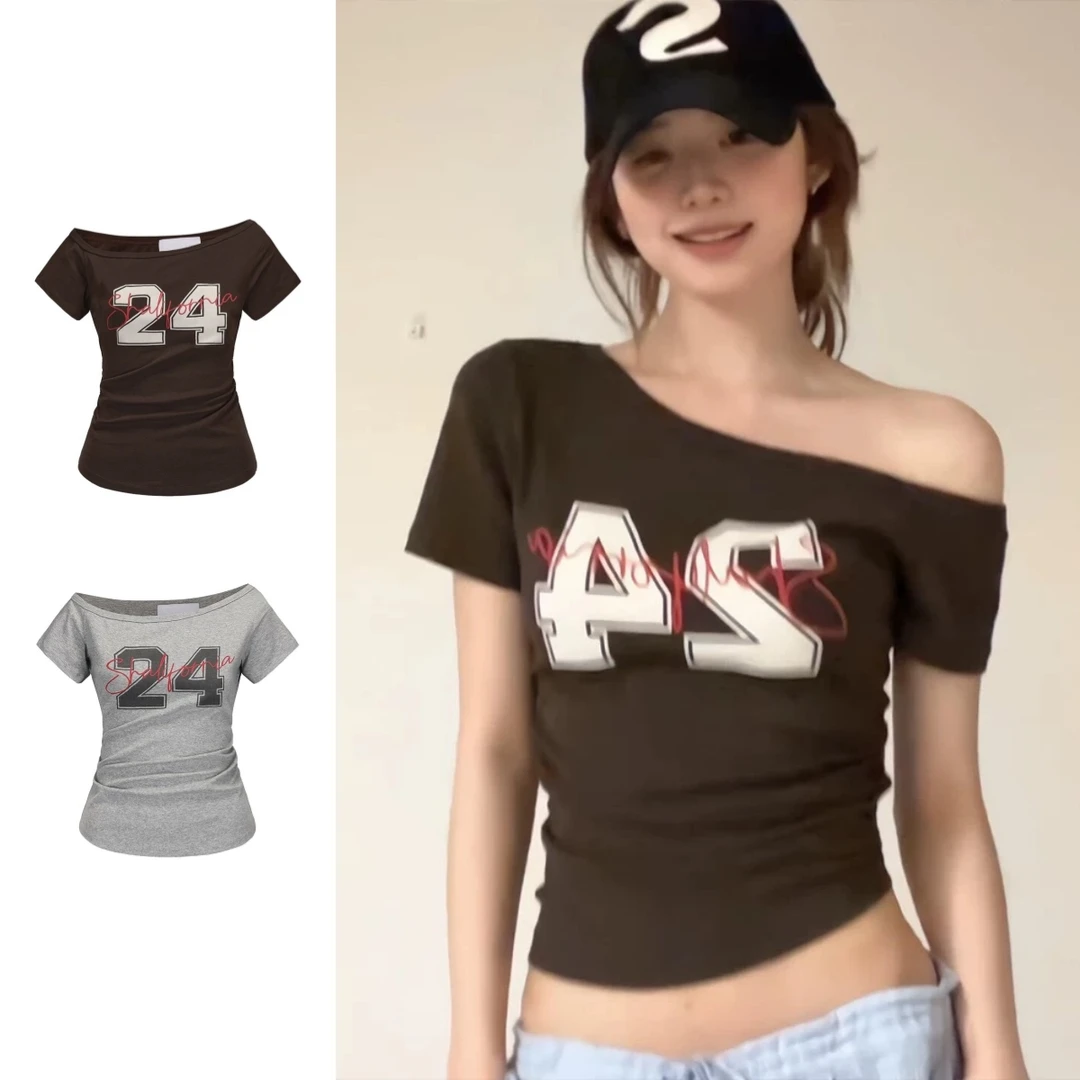 美式斜肩数字印花短袖t恤女夏季褶皱设计感修身显瘦收腰露肩上衣