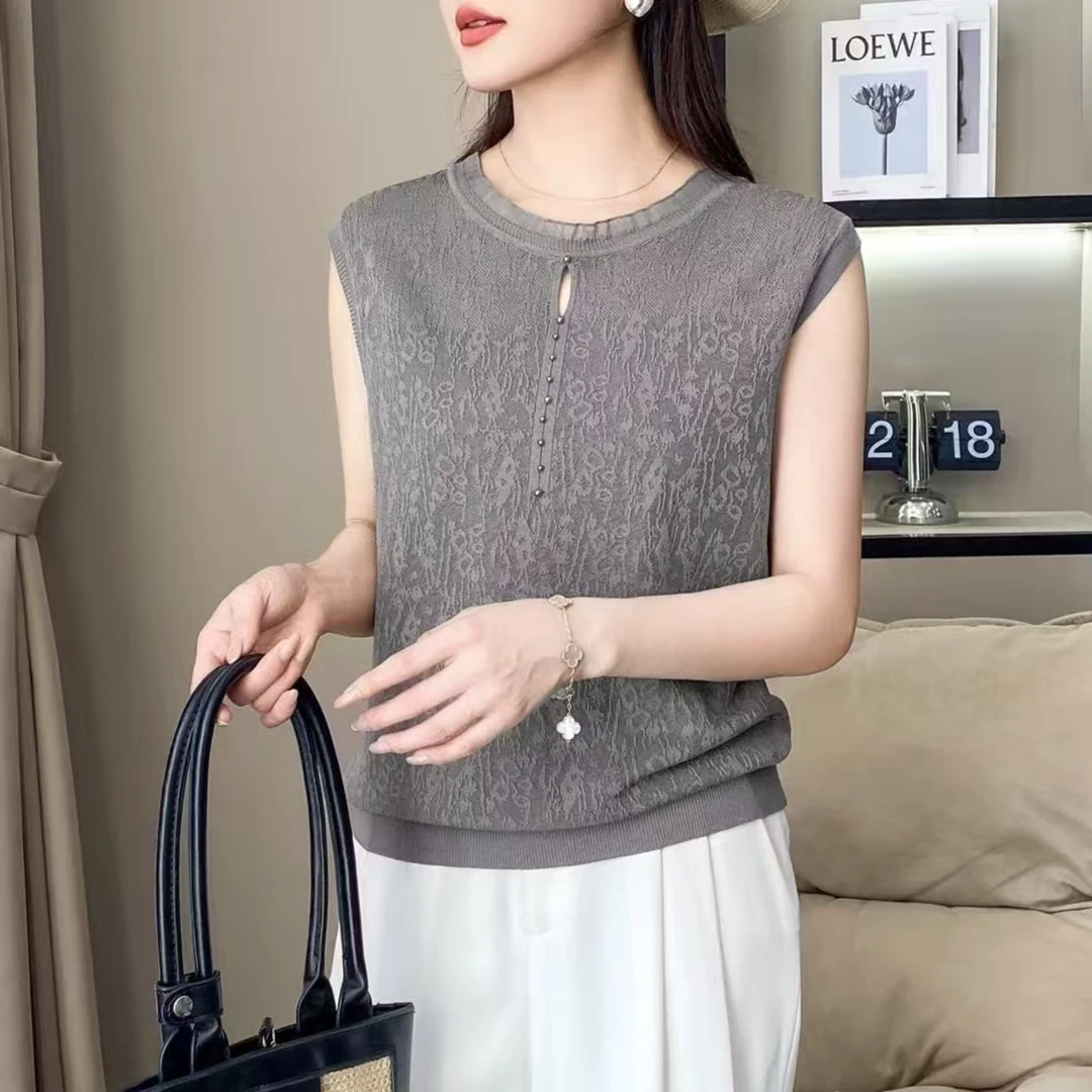 时尚肌理感提花休闲气质无袖背心春季新款上衣