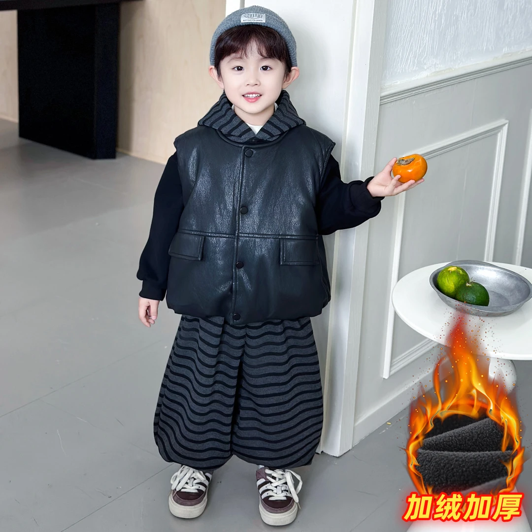 男童马甲三件套加绒加厚秋冬装2025新款宝宝时髦帅气儿童冬季棉服