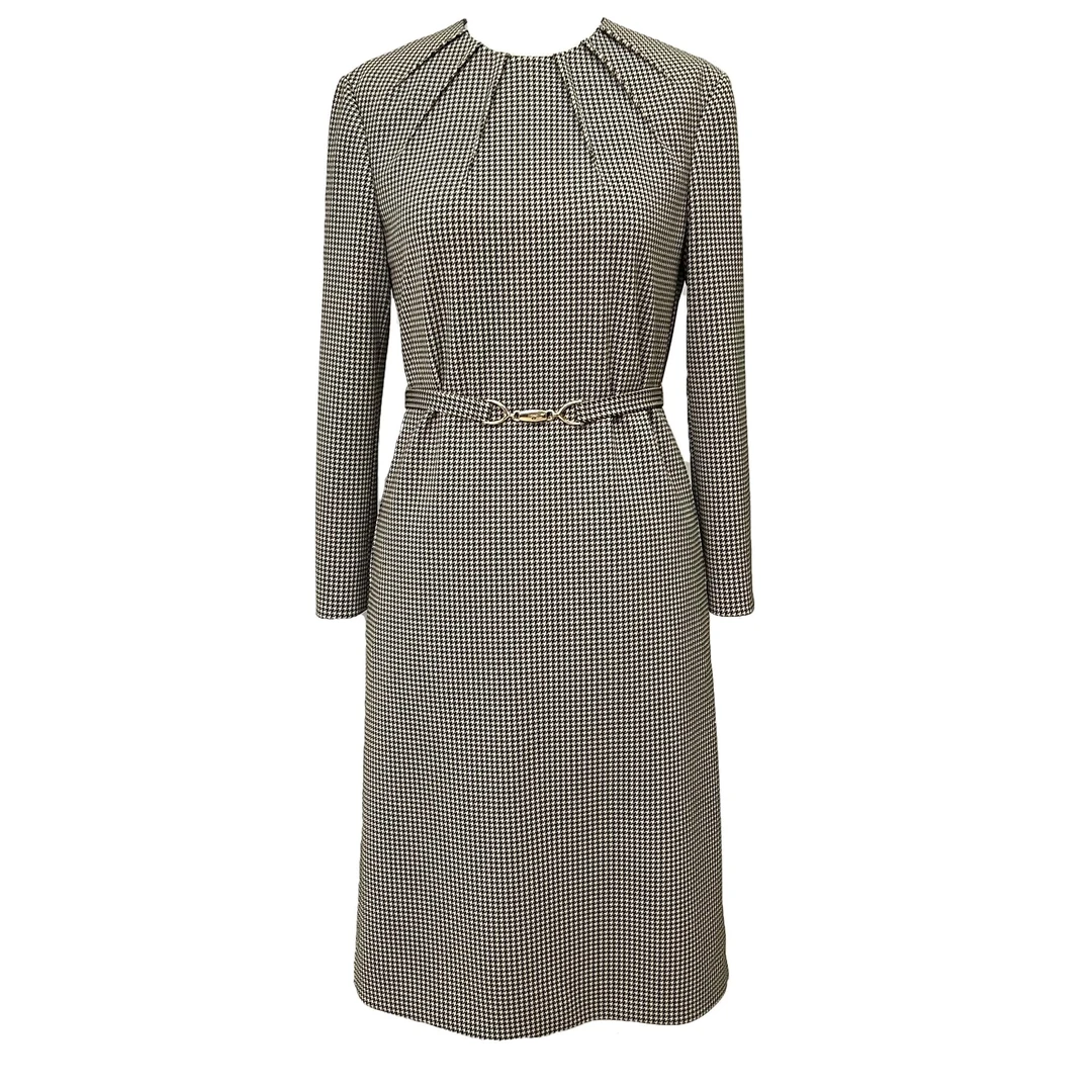 TENGS滕氏女装秋冬新款色织米黑千鸟格优雅气质百搭连衣裙