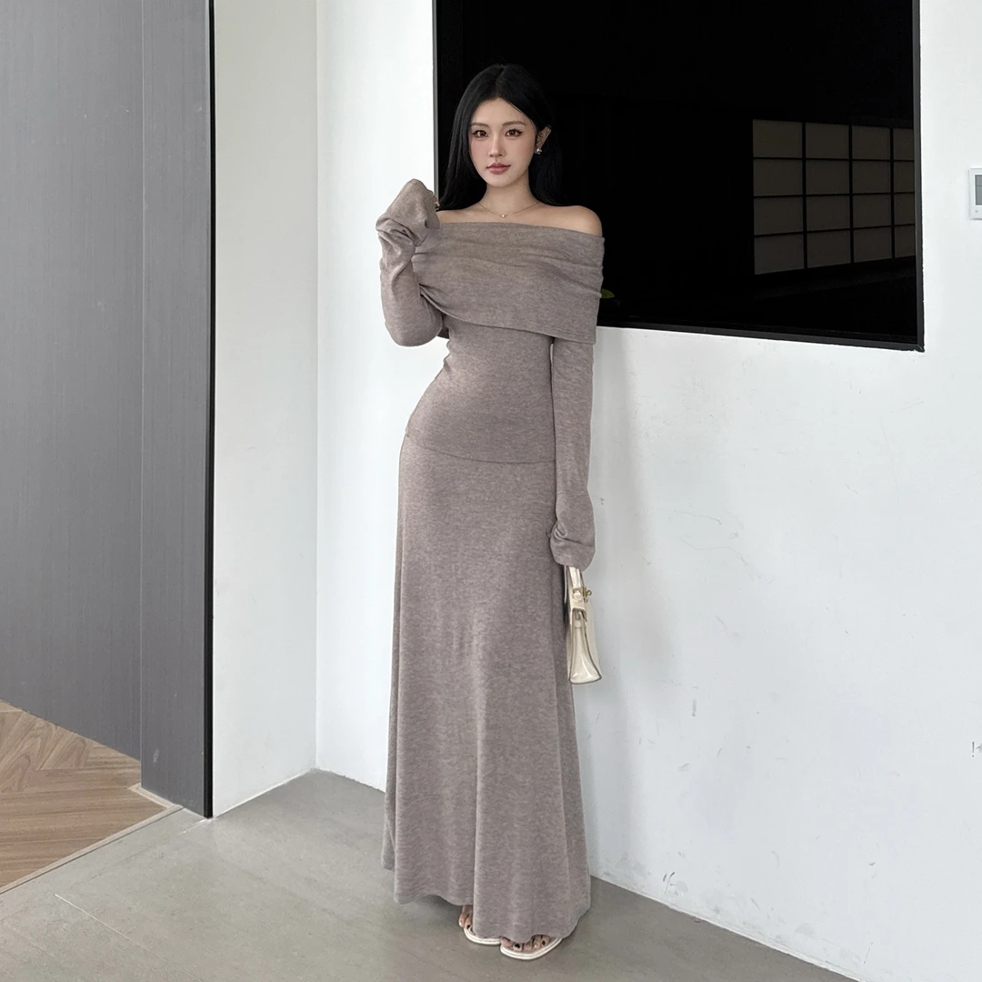 法式一字肩针织长袖两件套秋季新款御姐气质内搭修身显瘦包臀长裙