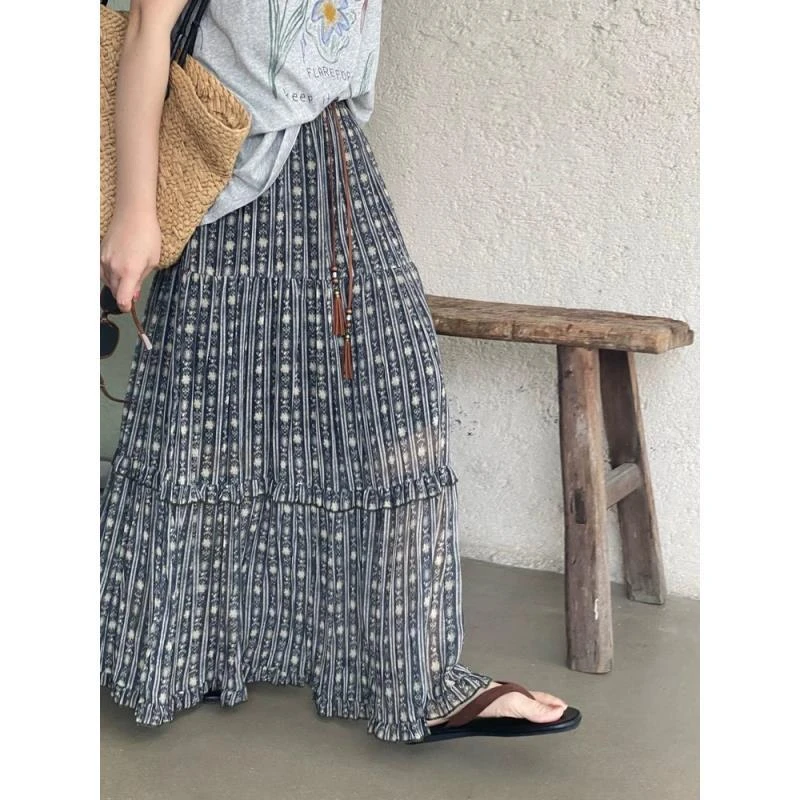 大码复古花纹高腰抽绳拼接垂感半身裙女a字长裙显瘦遮肉夏季