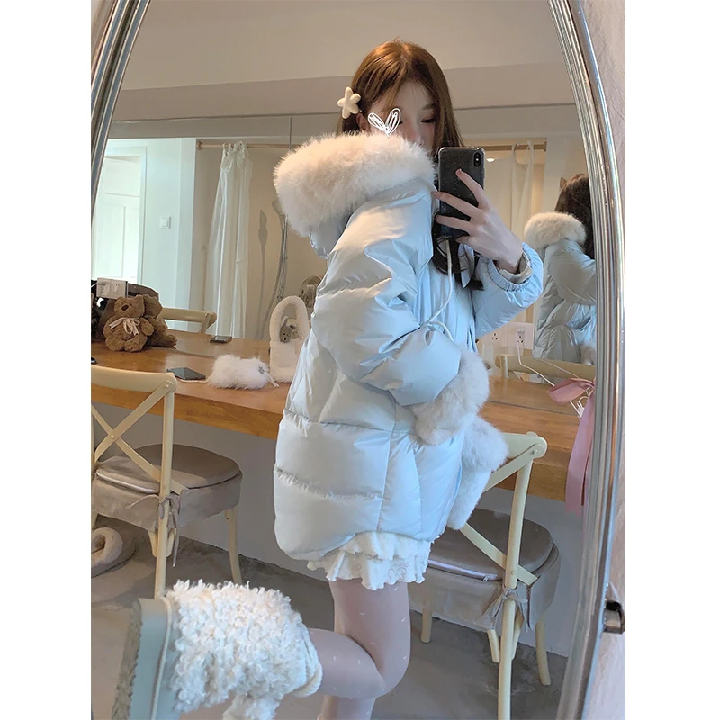 立体蝴蝶结绑带云朵感轻柔棉服女冬季中长款可拆卸毛绒绒连帽外套