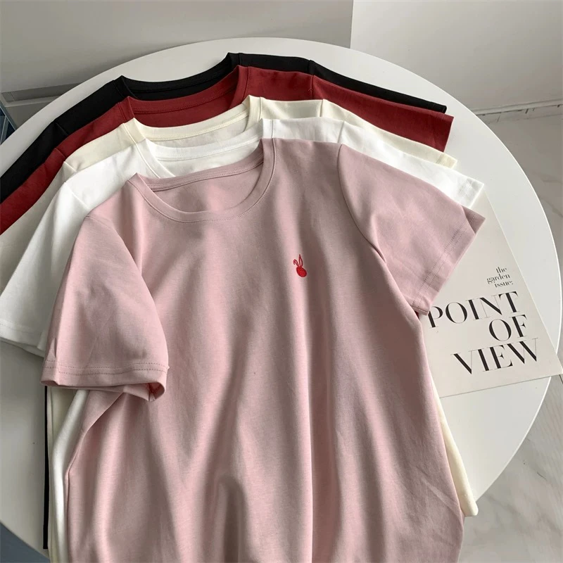 粉丝福利～圆领宽松舒适百搭小兔子绣花纯色短袖T恤夏季休闲半袖CC