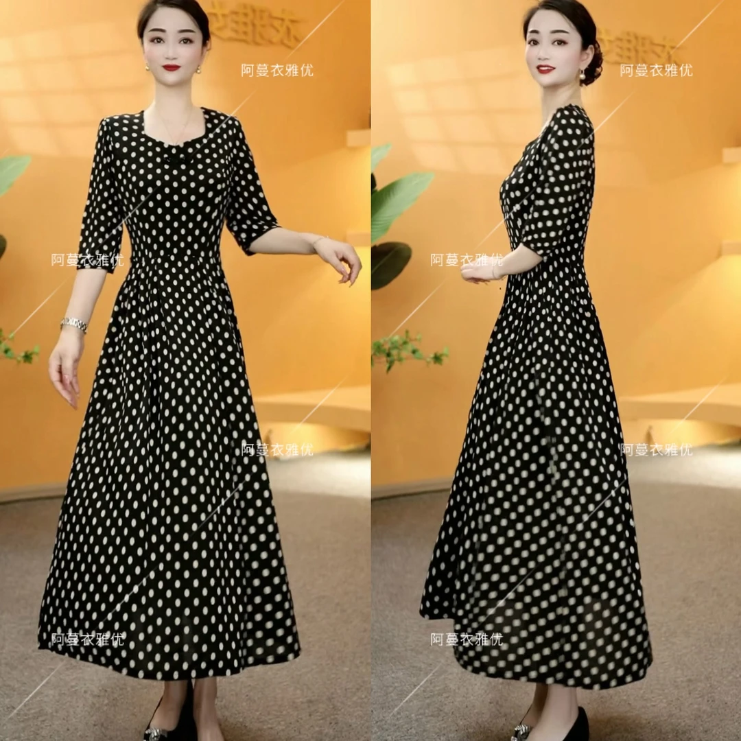 【衣雅严选】8222-2077#新款百搭简约款中袖气质波点大摆连衣裙