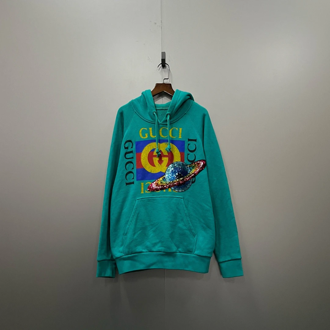 95新 GUCCI/古驰 zz1 亮片星球印花logo帽衫 XS码/202141/无领标