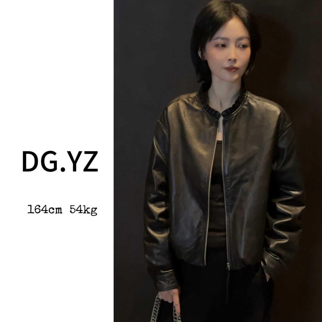 【樱子家】3082F圆领木耳边拉链宽松短款绵羊皮外套