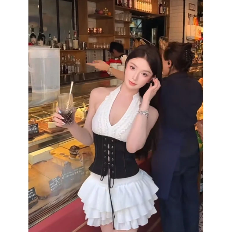 2025夏季新款黑白撞色花边挂脖背心上衣设计感短款收腰时尚半身裙