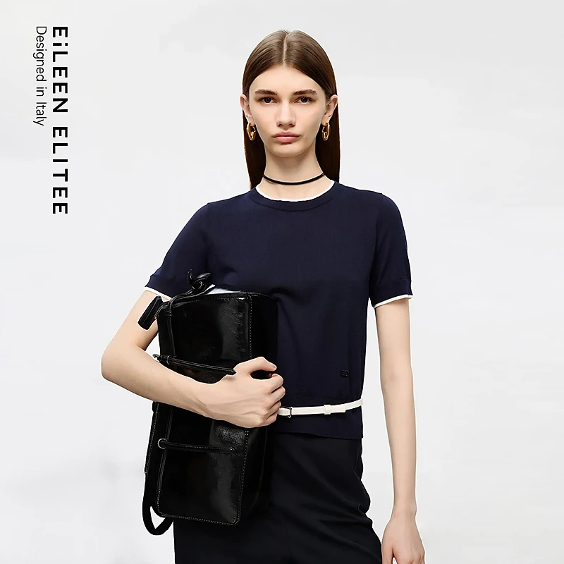 朗姿欧洲EiLEEN ELITEE2025秋新款气质高级棉感圆领短袖针织衫女