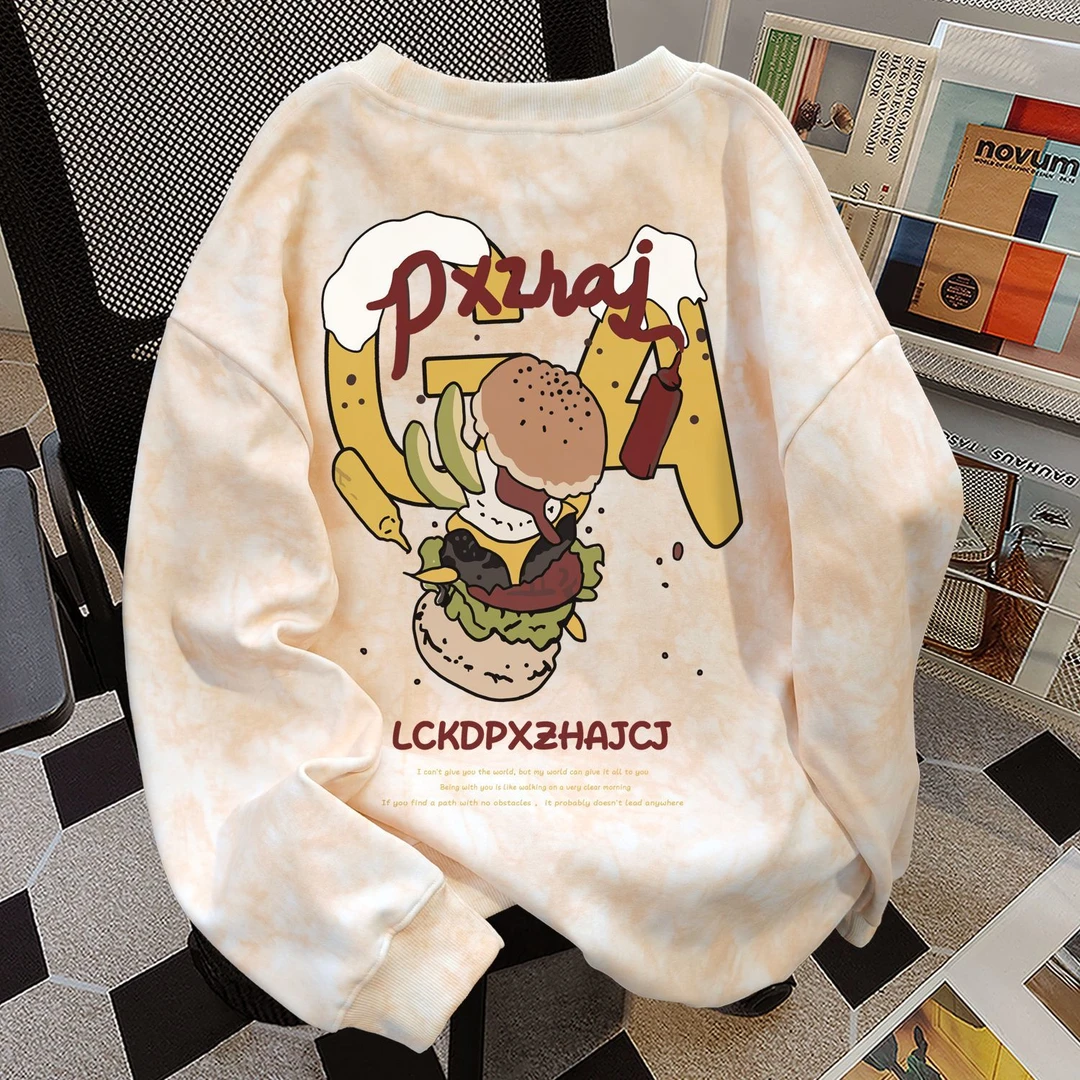 美式时尚爆款慵懒风扎染圆领卫衣男女秋冬季加绒加厚宽松显瘦上衣