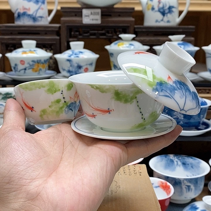 纯手绘五彩荷花悬停盖碗150cc ➕同款水缸杯釉下彩微瑕福利款