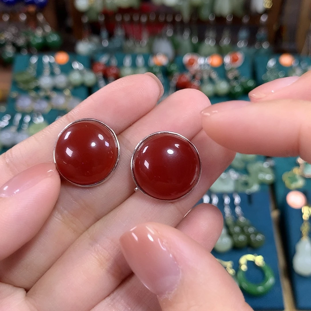 玛瑙/玉髓银S925镶嵌耳饰卡17.7左右