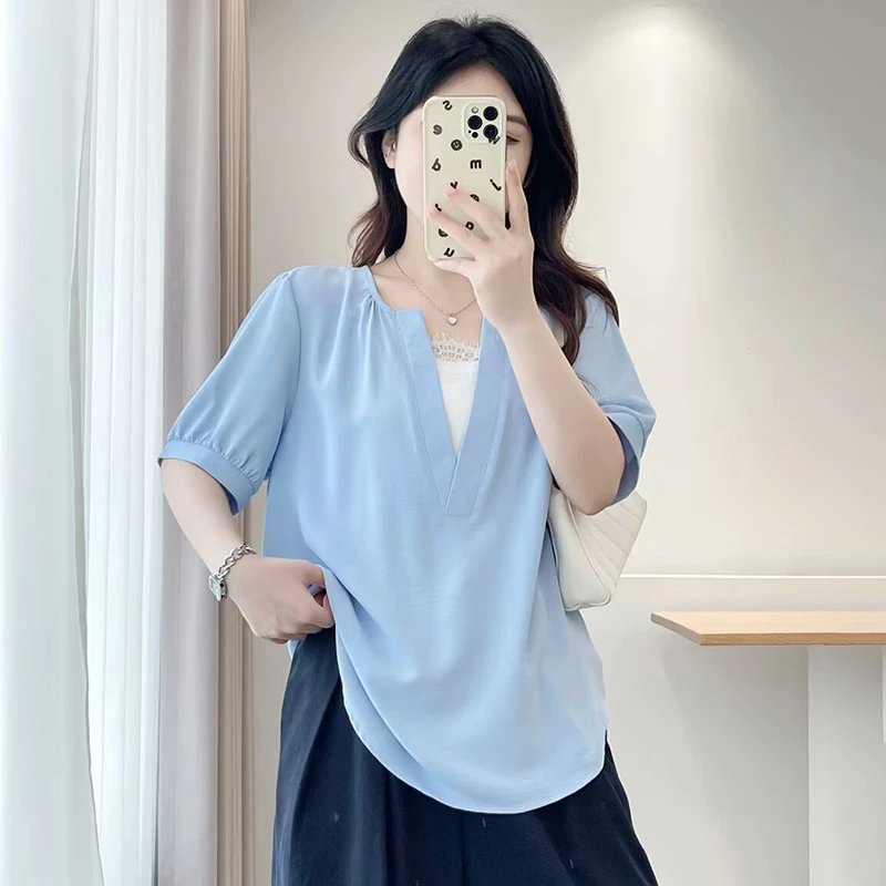 大码女装夏季新款时尚短袖衬衫女宽松显瘦百搭胖mm洋气遮肉上衣服