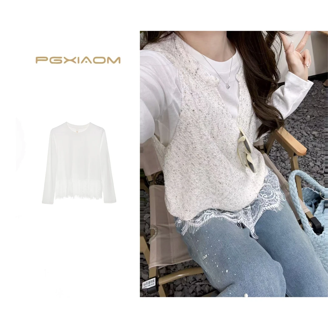 PGXIAOM】润秀定制白色蕾丝边打底上衣SY9802