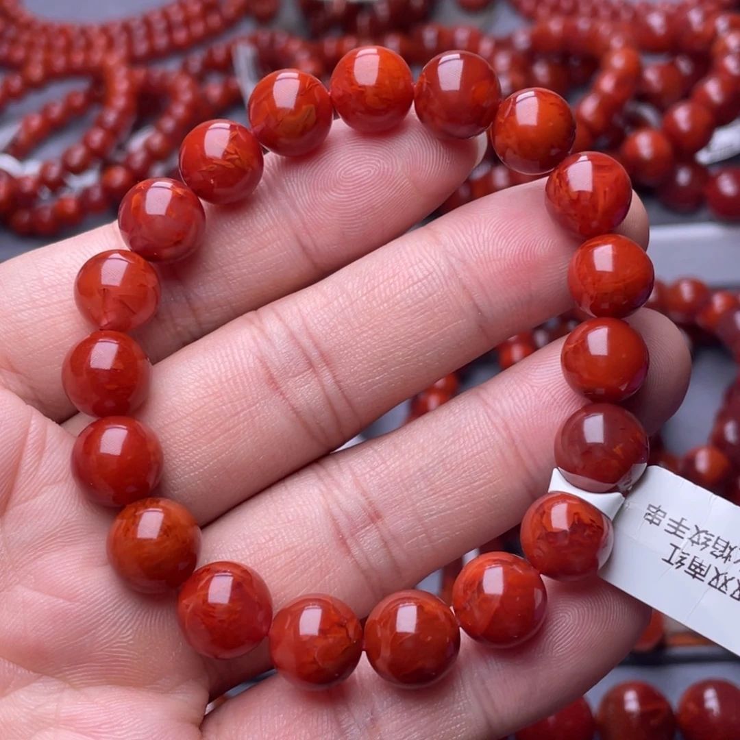 南红玛瑙未镶嵌南红玉石11mm瓦西玫瑰红火焰纹手串