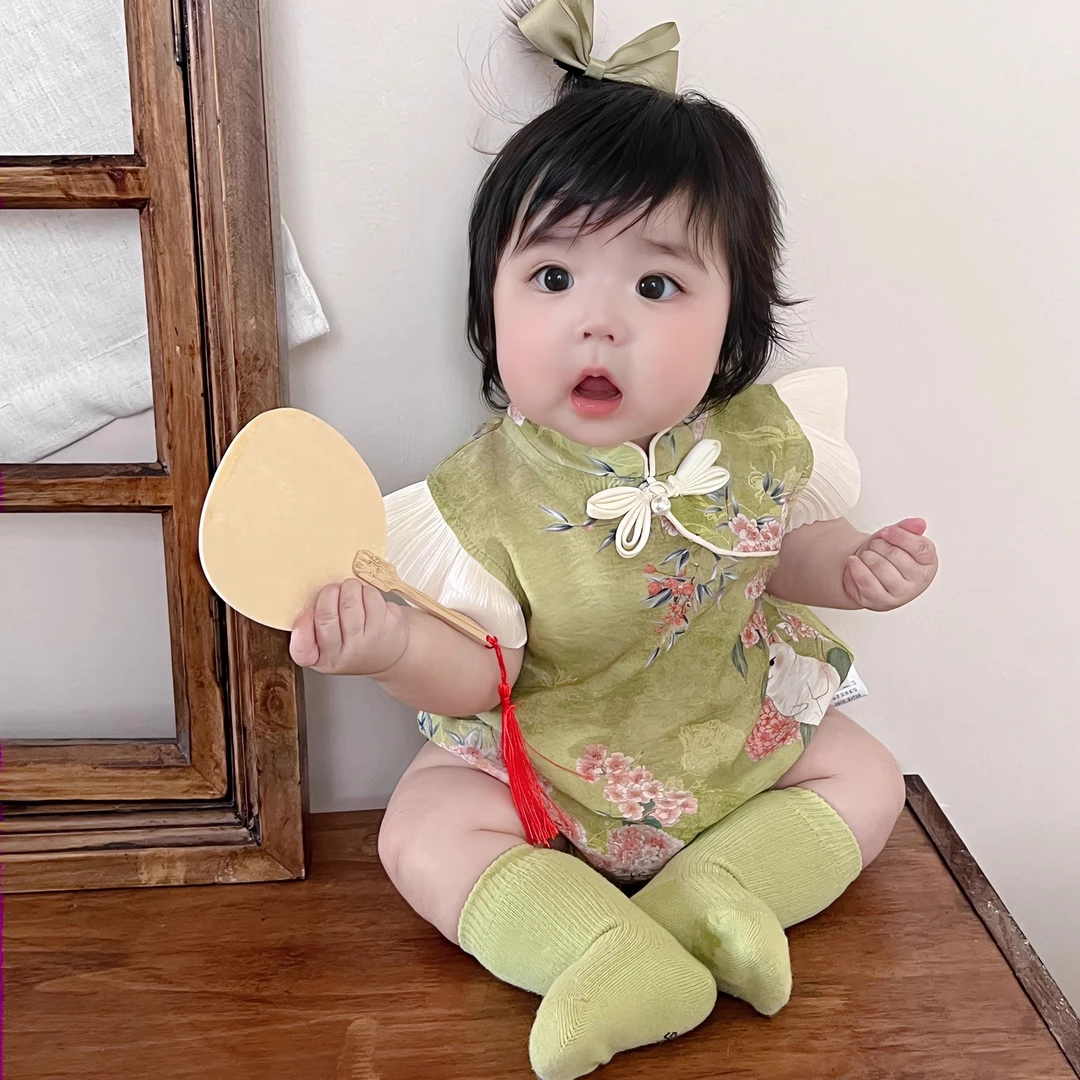 夏季婴儿衣服中国风短袖汉服唐装礼服连体衣周岁小月龄宝宝包屁衣