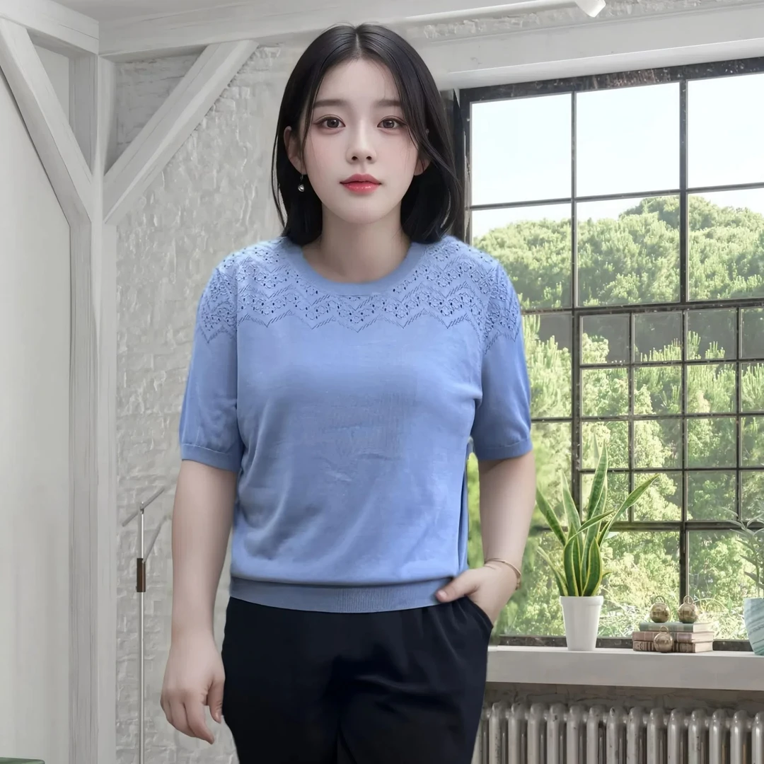 韩衣奇迹夏季圆领镂空钩花套头薄款针织衫时尚百搭圆领针织上衣