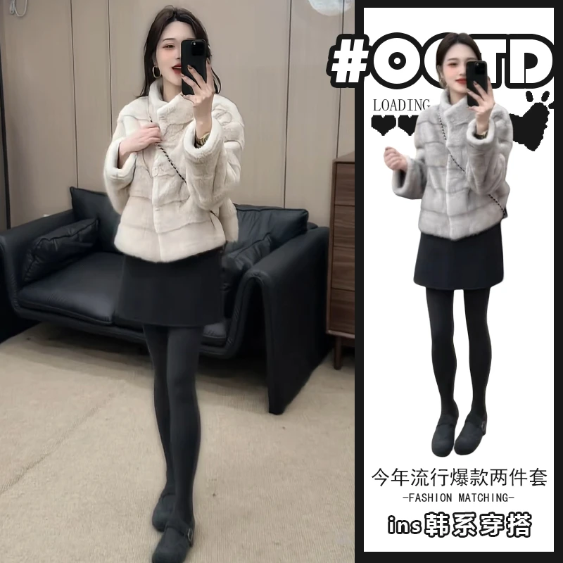 冬季时尚洋气加厚保暖外套高腰遮胯半身裙欧式高端大气两件套装潮