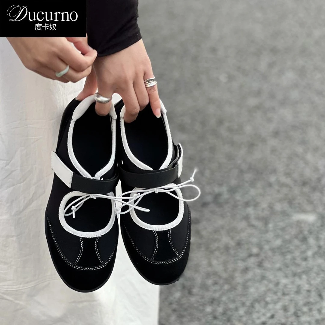 DUCURNO 韩国真皮芭蕾运动鞋百搭蝴蝶结厚底魔术贴休闲鞋浅口单鞋