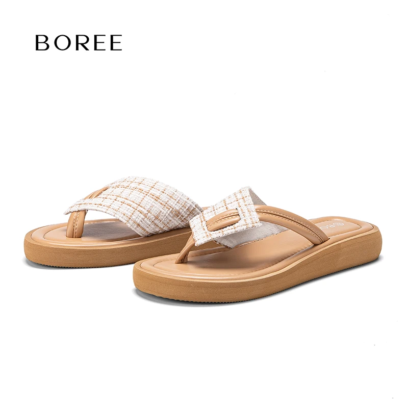 Boree/宝人人字拖女鞋圆头日常一字拖夹趾刺绣舒适百搭可爱风