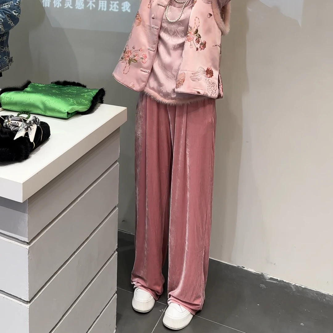 现货双层丝绒中高腰休闲垂感宽松显瘦百搭拖地阔腿裤