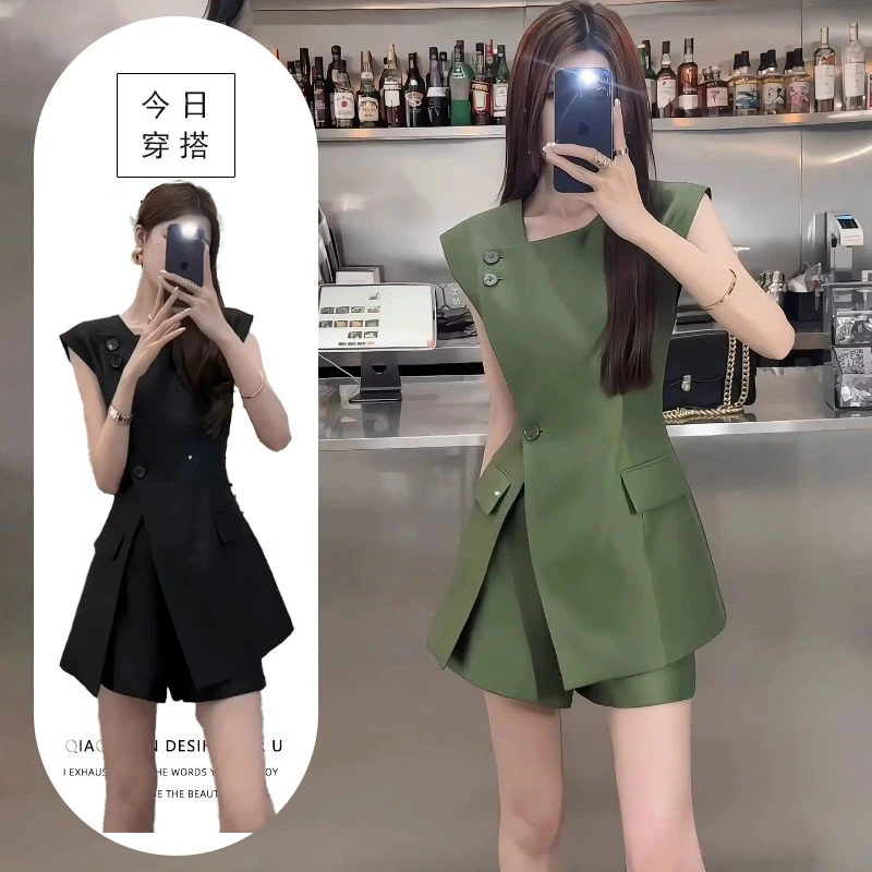 御姐风气质高级感套装女新款缎面西装马甲上衣高腰阔腿短裤两件套