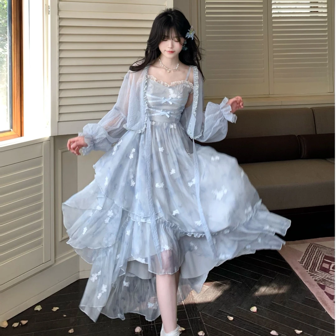 Blovelan挽汐辞 云雾蓝吊带连衣裙清新飘逸 通勤度假日常显瘦