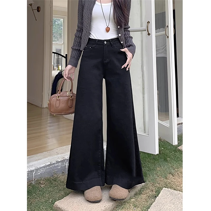 微胖mm韩系黑色高腰微喇牛仔裤女夏季新款时尚百搭宽松显瘦阔腿裤