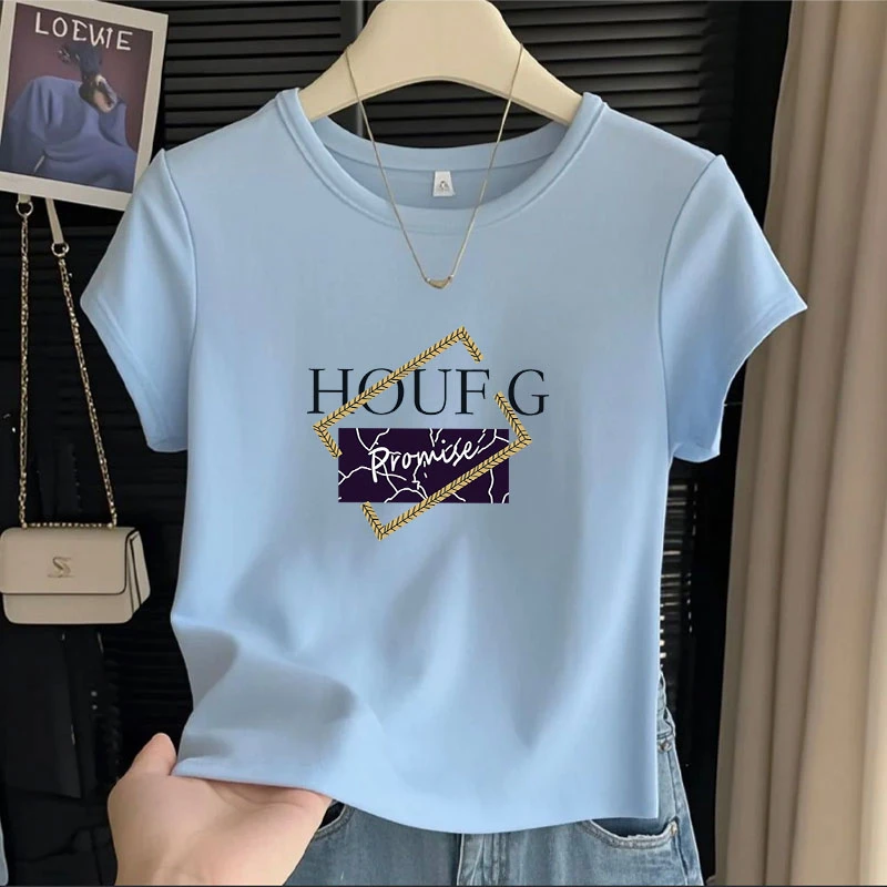纯棉短袖2025夏季新款小个子洋气短款T恤女印花圆领大码百搭上衣