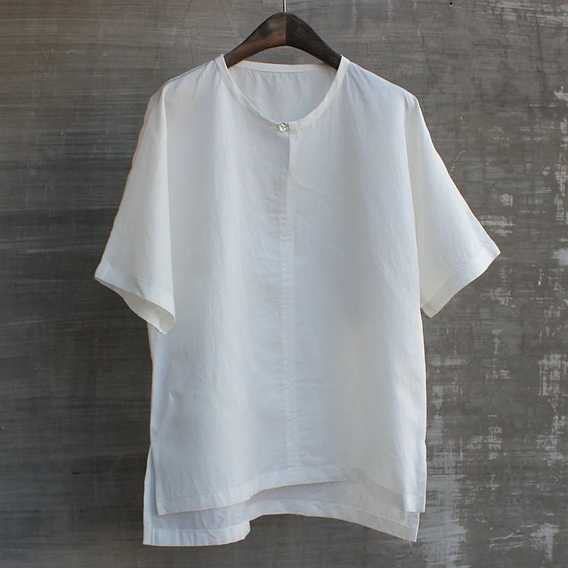 男夏季青春时尚流行短袖丝麻T恤上衣个性简洁舒适宽松大码儒雅白