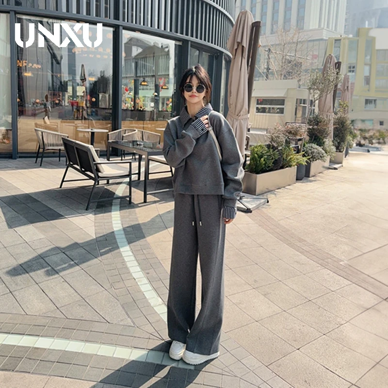 UNXU春秋新款阔腿裤慵懒风卫衣套装女灰色运动休闲条纹拼接两件套