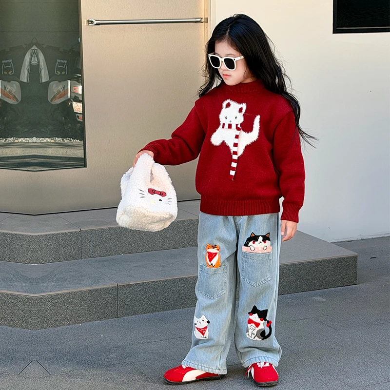 女童毛衣套装2025新款洋气时髦中大童百搭宽松刺绣牛仔裤两件套潮