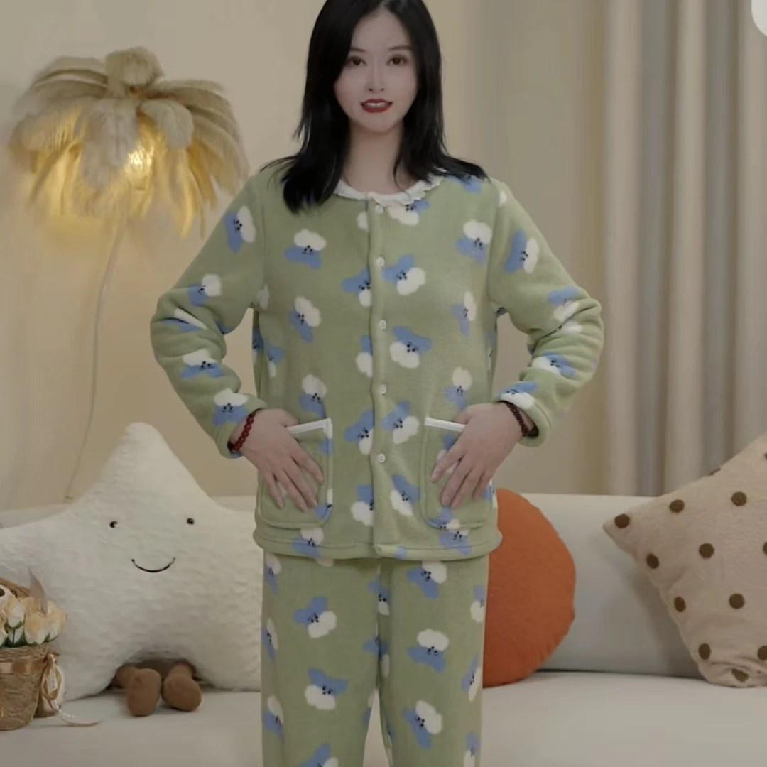 [青绒萌犬]2025秋冬新款绿色睡衣女士套装可外穿睡衣家居服CHF