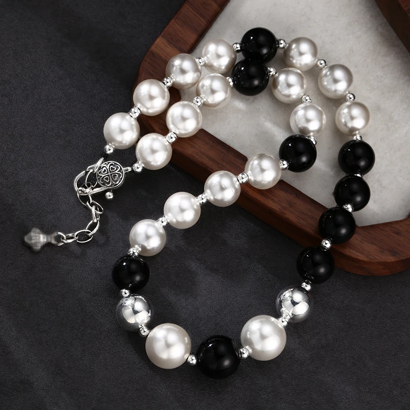 链子925银 「晦明之夜」圆珠黑白项链