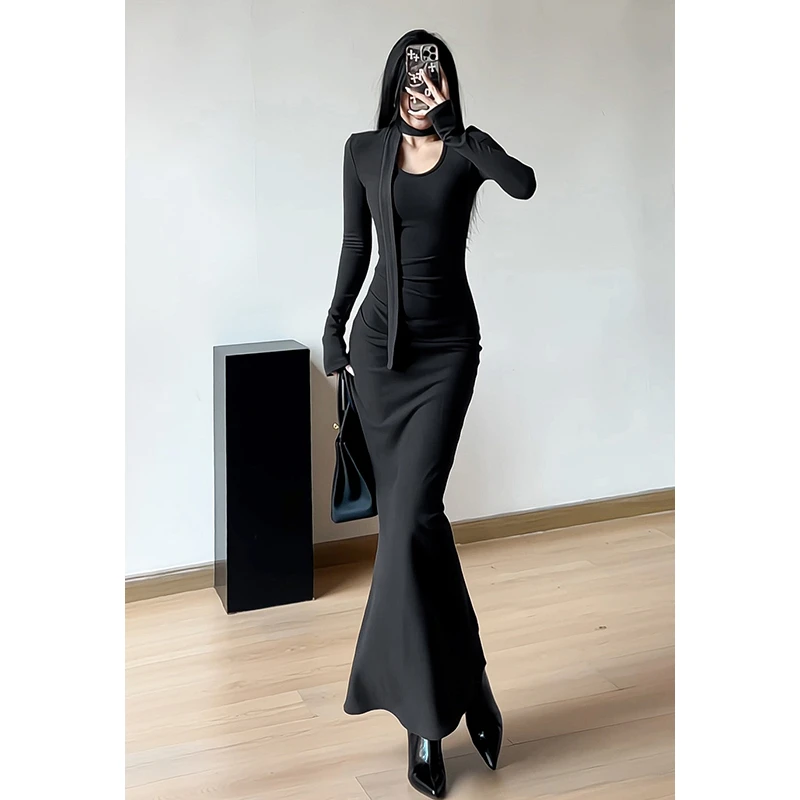 双面绒法式长袖连衣裙女秋冬高级感修身显瘦包臀鱼尾裙打底长裙