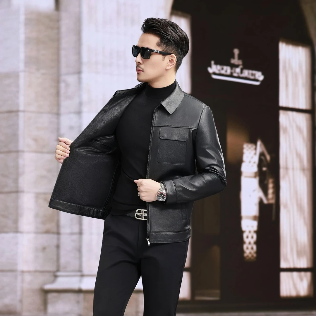 头层牛皮修身真皮皮衣男士翻领休闲时尚夹克春秋外套