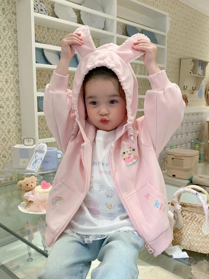 女童粉色卡通兔耳朵连帽外套（AH-2116-春秋）