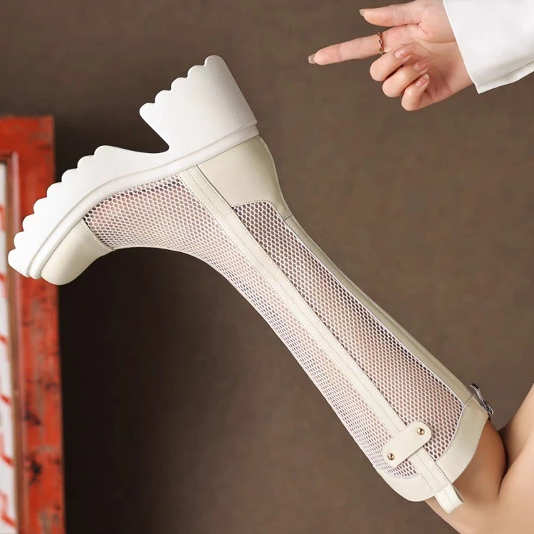 靓步伐增高8cm夏网纱长靴女高筒不过膝2025新款镂空透气高跟凉靴